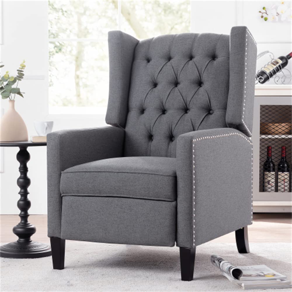 Arm Pushing Recliner Chair, Modern Button Tufted Wingback Manual Push Back Recliner Chair with Nailhead Trim & Wood Legs, Upholstered Living Room Chair Single Reclining Sofa Home Theater Seating Grey LLS