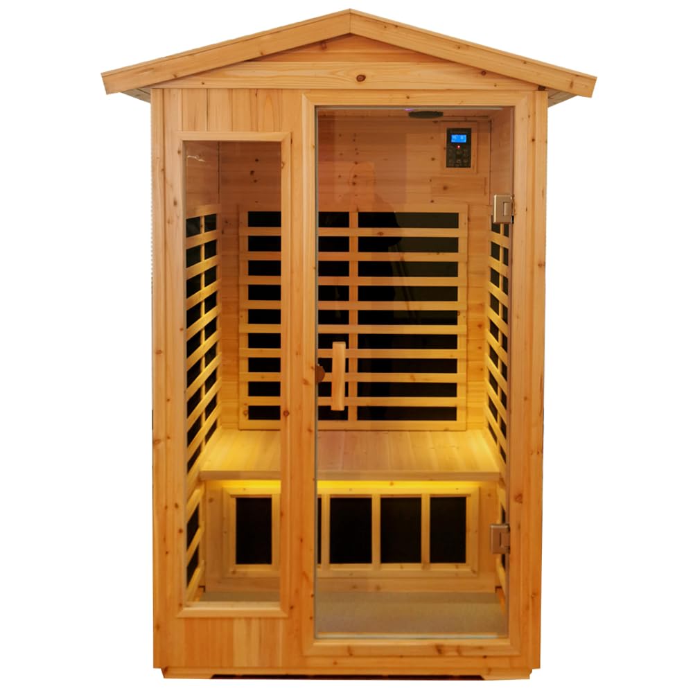 V ddhoger Room Two-Person Far-Infrared Old Fir Outdoor Sauna, Temperature Adjustment 25-65℃, Touch Operation Screen, Seat Load-Bearing 300KG, Suitable for Heights 1.5-1.9M， Natural V ddhoger