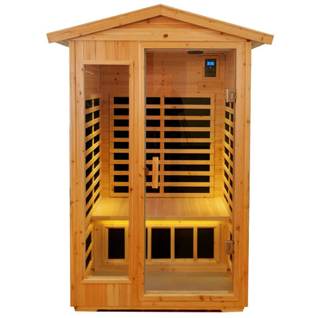 V ddhoger Room Two-Person Far-Infrared Old Fir Outdoor Sauna, Temperature Adjustment 25-65℃, Touch Operation Screen, Seat Load-Bearing 300KG, Suitable for Heights 1.5-1.9M， Natural V ddhoger