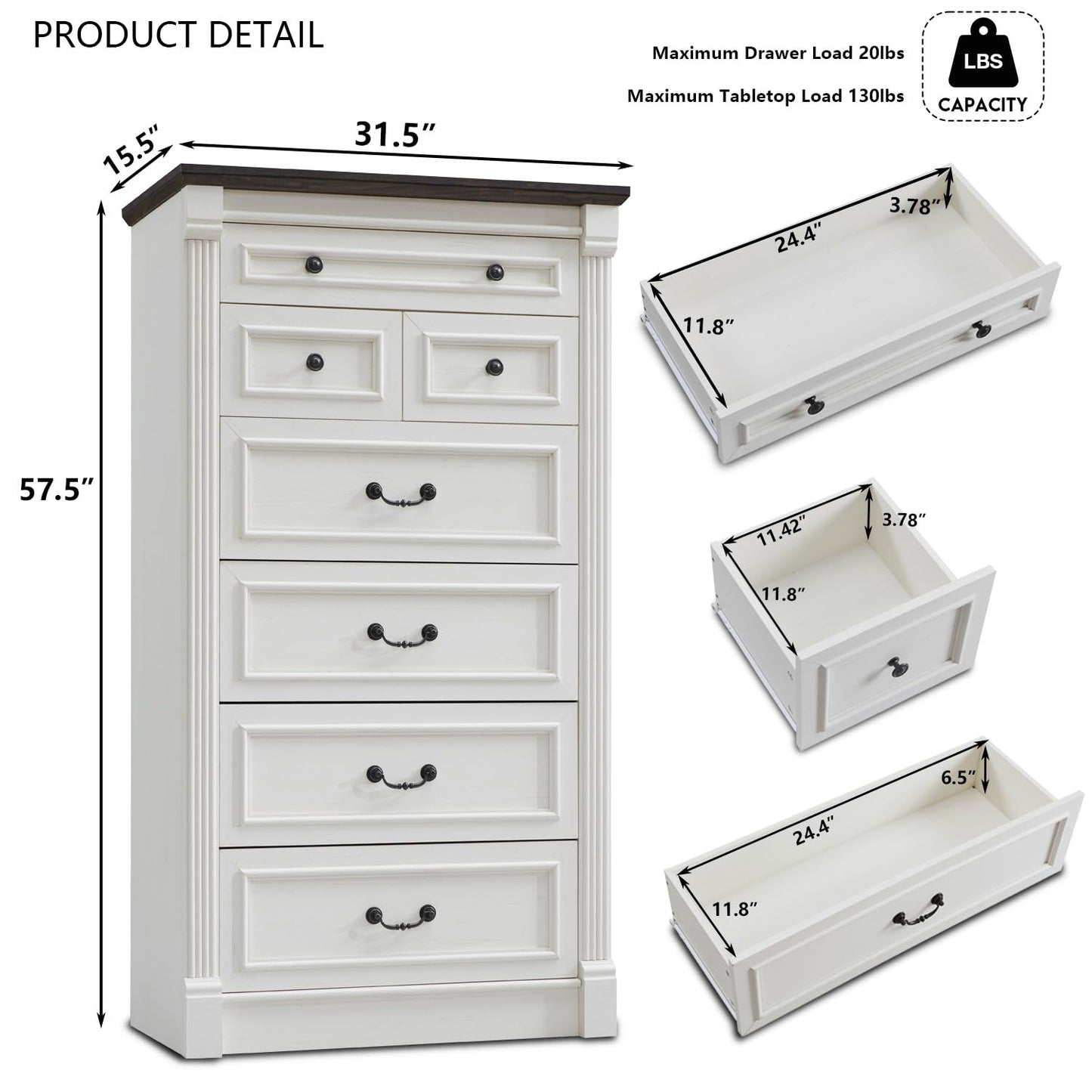 Aitjunz Farmhouse 7 Drawers Dresser for Bedroom, 57" Tall Chest of Drawers with Roman Column, Large Wood Rustic Closet Dresser with Three Different Drawer Sizes for Bedroom, Living Room, Hallway,White