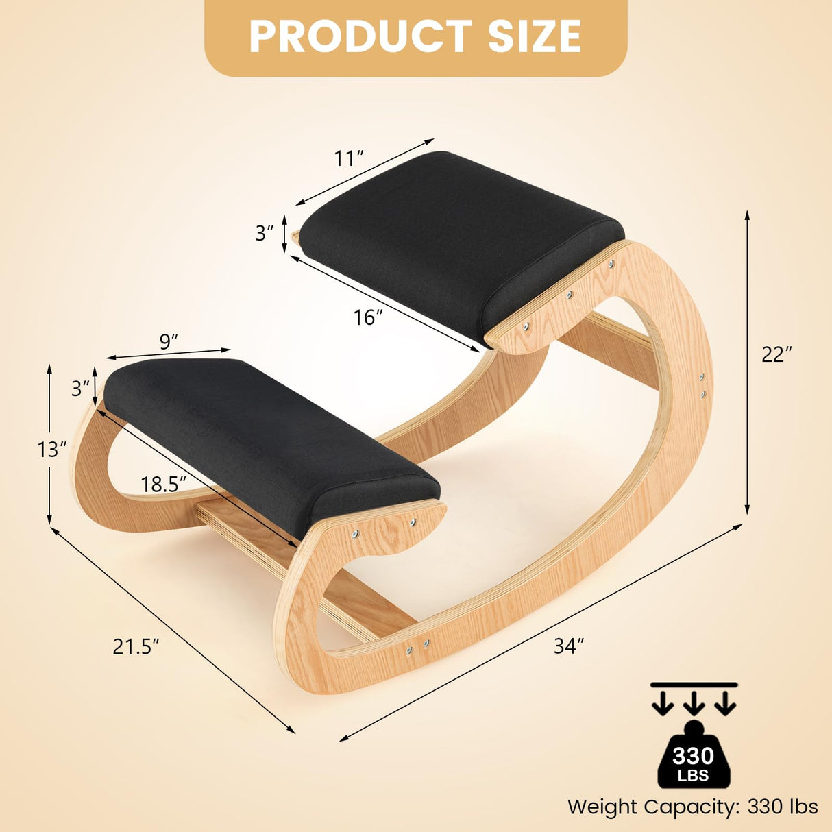 Giantex Ergonomic Kneeling Chair, Posture Chair for Desk with Cushion, Solid Wood Frame, Max Load 330 Lbs, Comfortable Ergo Rocking Kneel Chair for Office Home Study (Black) Giantex