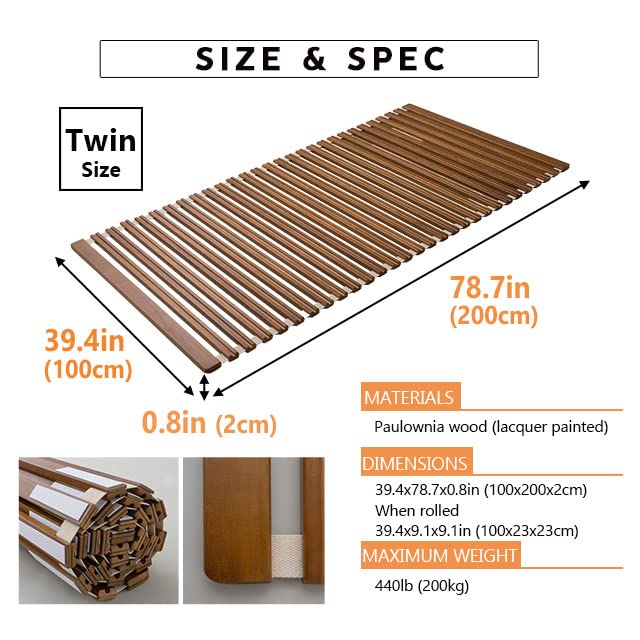 EMOOR Wood Roll-Type Slatted Bed OSMOS Twin for Japanese Futon Mattress Natural Paulownia Brown, Floor Sleep Tatami Mat