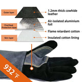 WZQH 14 Inches,932℉,Leather Forge Welding Gloves small, Heat/Fire Resistant,Mitts for BBQ,Oven,Grill,Fireplace,Tig,Mig,Baking,Furnace,Stove,Pot Holder,Animal Handling Glove.Black-gray WZQH