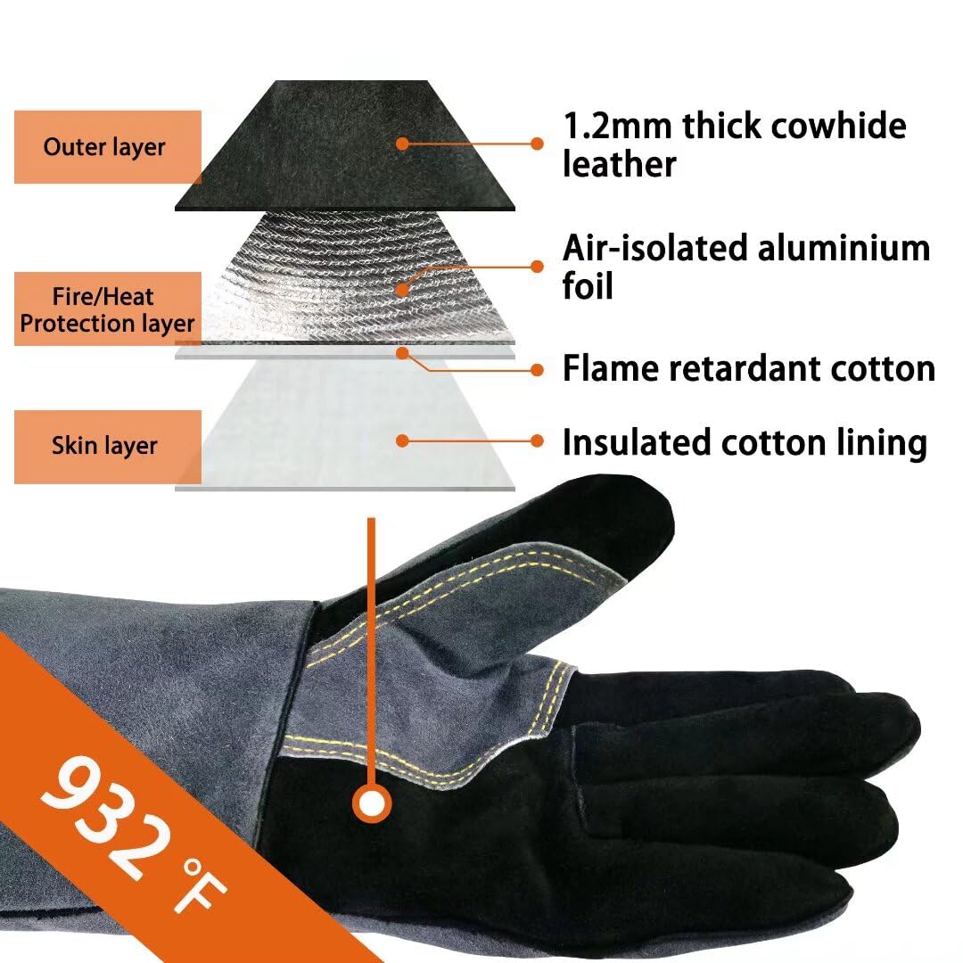 WZQH 16 Inches,932℉,Leather Forge Welding Gloves, Heat/Fire Resistant,Mitts for BBQ,Oven,Grill,Fireplace,Tig,Mig,Baking,Furnace,Stove,Pot Holder,Animal Handling Glove.Black-gray WZQH