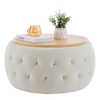 IWMH Round Storage Ottoman Coffee Table, Velvet Large Ottoman with Wooden Lid, Tufted Footstool Bench Circle for Living Room Bedroom (Beige)