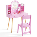 Costzon Kids Vanity, Girls Vanity Set with Mirror and Stool and Lights, Drawers, Storage Shelves, Wooden Toddler Makeup Vanity Desk Dressing Table, Pretend Play Kids Vanity Table and Chair Set (Pink) Costzon