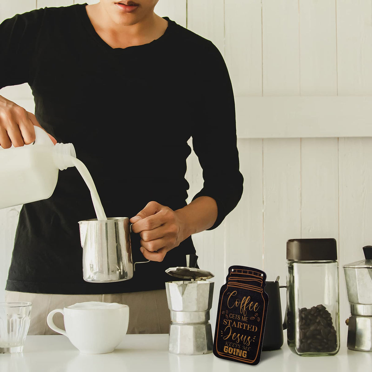 Jetec 3 Pcs Coffee Bar Decor Sign Mason Jar Wall Hanging Plaque Farmhouse Kitchen Decor Wooden Coffee Sign for Kitchen Home Living Room Wall Decorations(Simple Style) Jetec