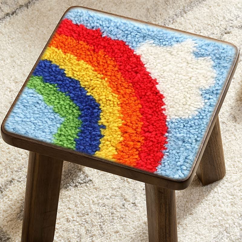 Latch Hook Kits Little Rug for Kids Rainbow and White Cloud Color Printed Canvas DIY Handmade Carpet Crochet Yarn Embroidery Needlework Hook Latch Kit Rug Cover Children Handicraft 30x30cm WoodArtSupply