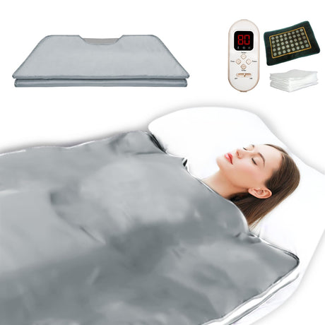 PINJAZE Natural Jade and Tourmaline Heat Far Infrared Sauna Blanket 2-Zone Control Rapid Heating Detox Pain Relief with Personal Sauna Blanket Bed at Home Oxford Cloth 6 ft x 2.65 ft (Silver) PINJAZE