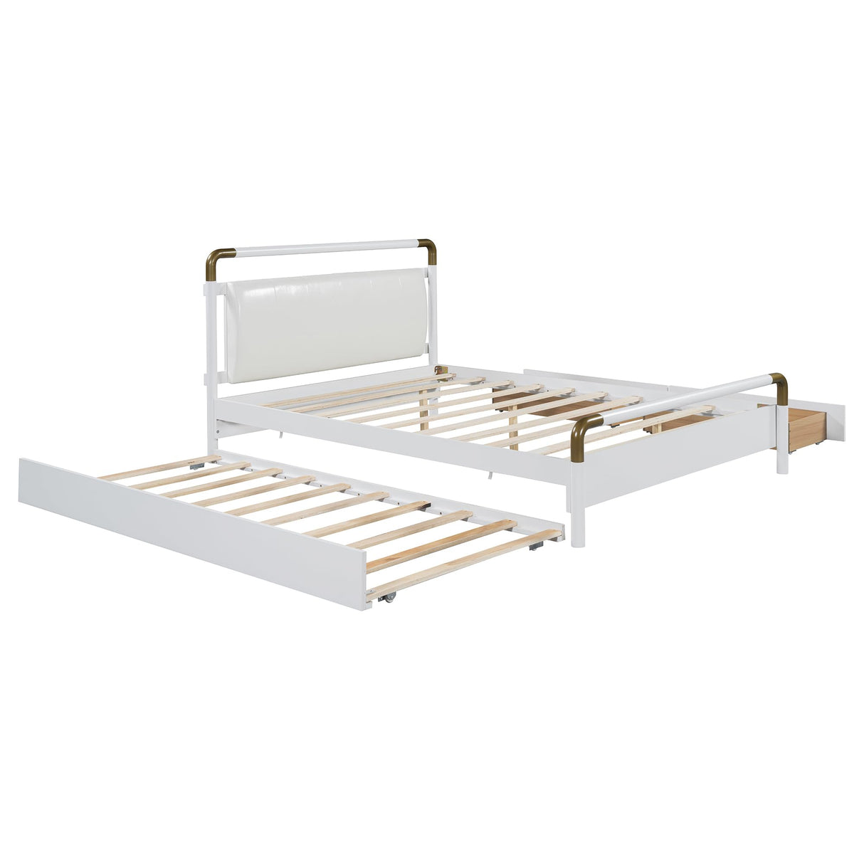 Ball & Cast Wooden Storage Platform Bed Queen Size,Bedframe with T-XL Trundle and 2 Big Drawers,Bedroom Furniture w/PU Leather Backrest & Slat Support,for Apartment,Living Room,White Ball & Cast
