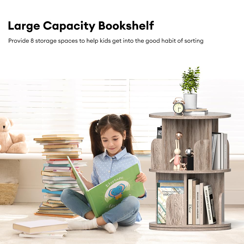 Nidouillet 2-Tier 360° Rotating Bookshelf - Space-Saving Grey Oak Round Bookcase for Adults - WoodArtSupply