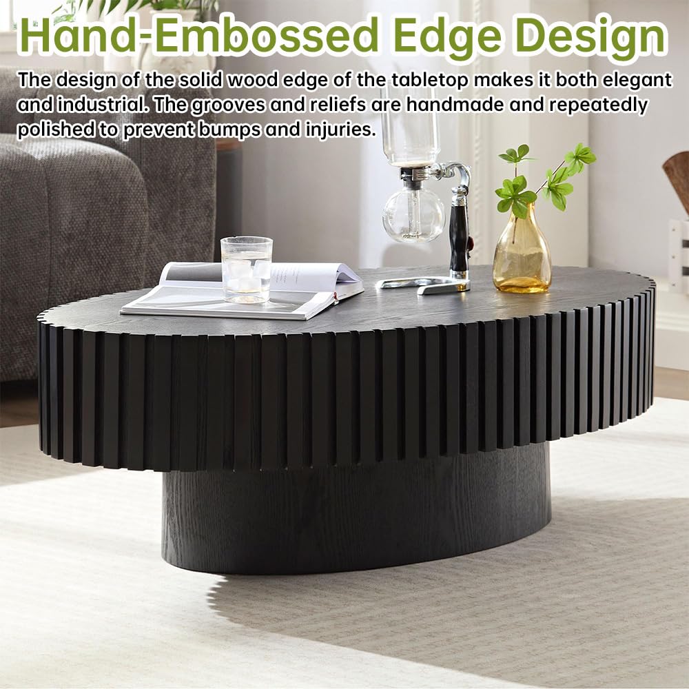 Black Oval Coffee Table Handcraft Fluted Coffee Table Mid Century Modern Drum Coffee Tables Irregular Pedestal Center Table for Farmhouse Living Room (Black) WUPDPQS