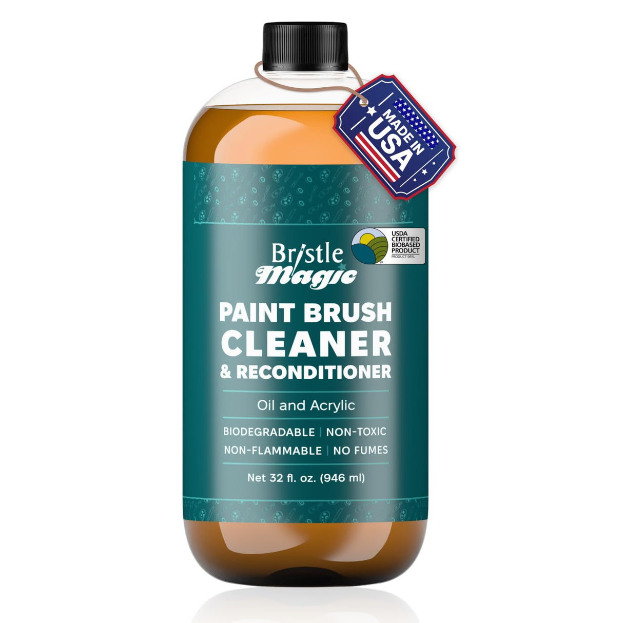 Bristle Magic Oil Paint Brush Cleaner and Restorer-Paintbrush Cleaner for Acrylic, Oil, and Glass Paints-Biodegradable, Non-Toxic, Odorless, Eco-Friendly, Quick-Clean Formula Paint Remover (32 Fl Oz) Bristle Magic