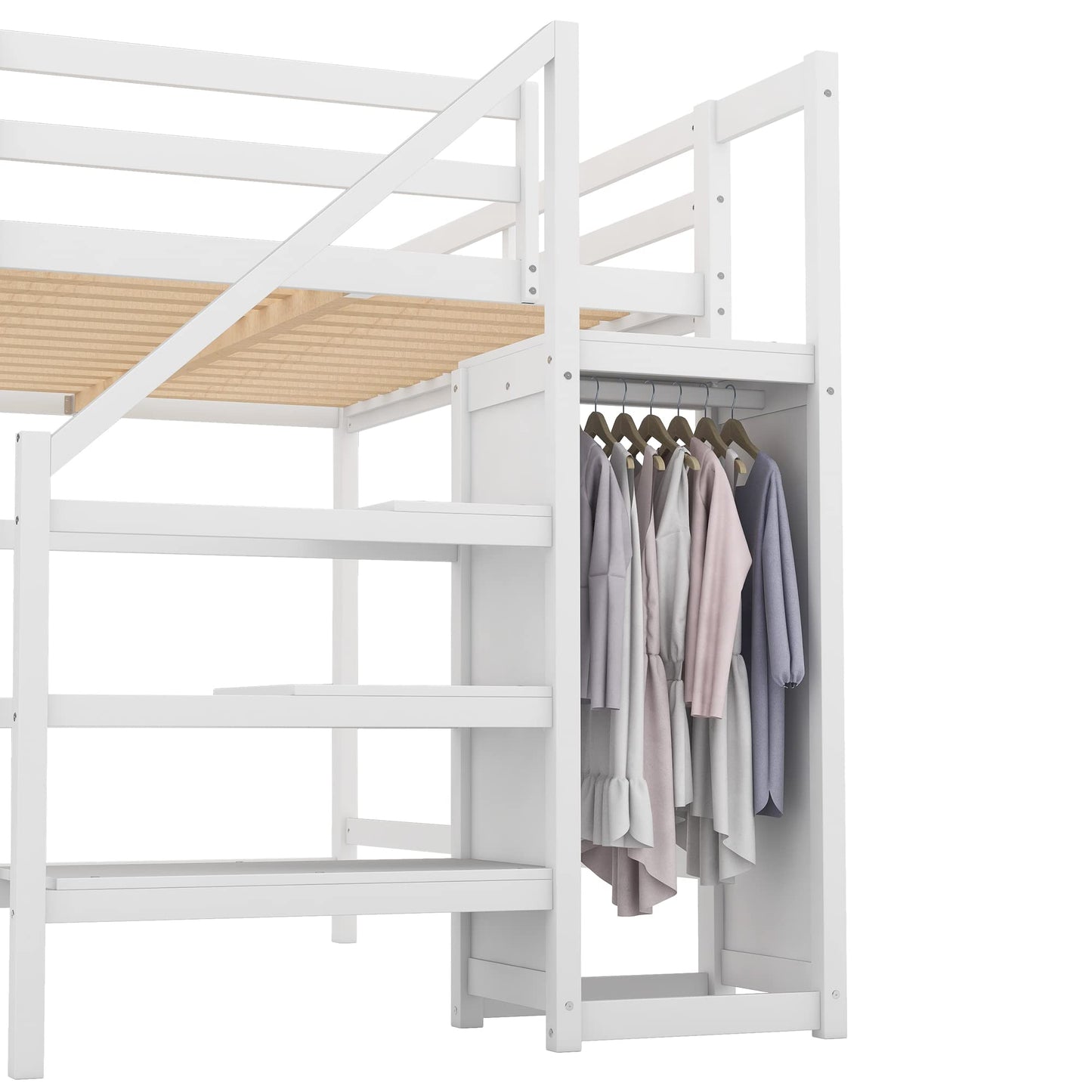 Harper & Bright Designs White Full Loft Bed with Storage Staircase and Wardrobe for Kids - WoodArtSupply