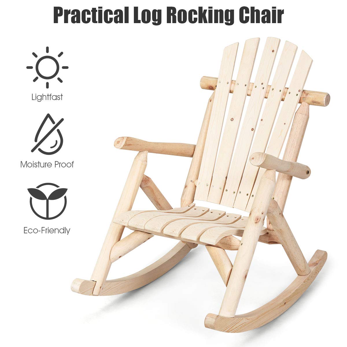 Giantex Log Wooden Rocking Chair, Wood Porch & Patio Rocker with Slatted Seat and Backrest, Adirondack Rocking Chair, Outdoor Accent Furniture for Balcony, Garden, Poolside, Backyard, Natural (1) Giantex