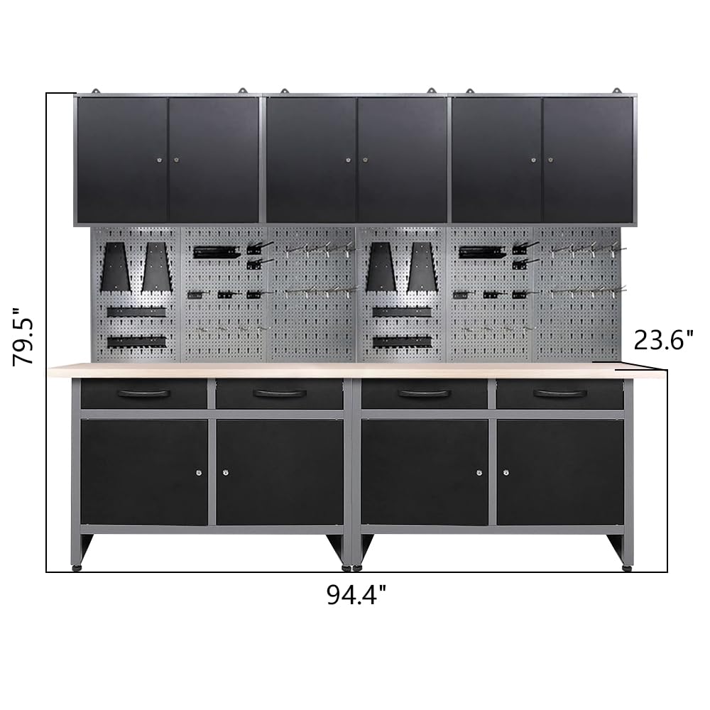 JZD Steel Garage Cabinets System Set, Includes Wood Workbench, Tool Cabinet, Black & Grey JZD