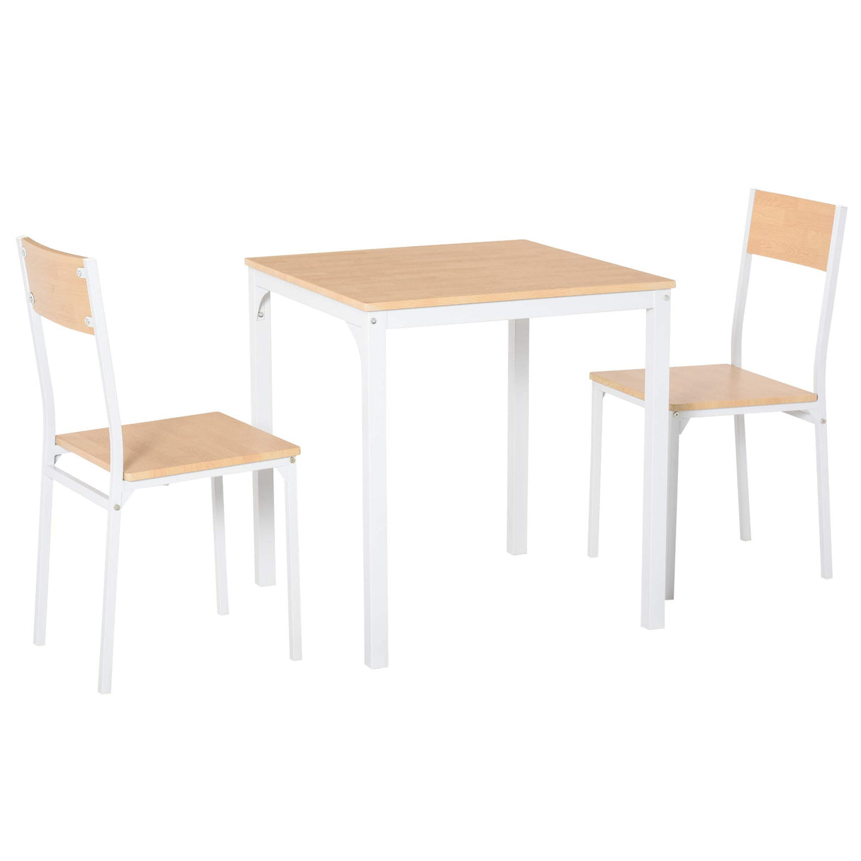 HOMCOM 3-Piece Wooden Square Dining Table Set with 1 Table and 2 Chairs and Sturdy Metal Frame for Small Space, White HOMCOM