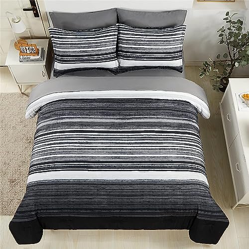 KAKIJUMN 5 Piece Bed in a Bag Stripe Comforter Set Twin Size, White Grey Black Patchwork Striped Comforter and Sheet Set, All Season Soft Microfiber Complete Bedding Sets(Grey,Twin) KAKIJUMN