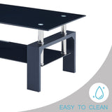 Btrpily Living Room Rectangle Coffee Table, Tea Table Suitable for Waiting Room, Modern Side Coffee Table with Wooden Leg, Glass Tabletop with Lower Shelf, 39.5D x 23.5W x 17.5H in, Black Btrpily