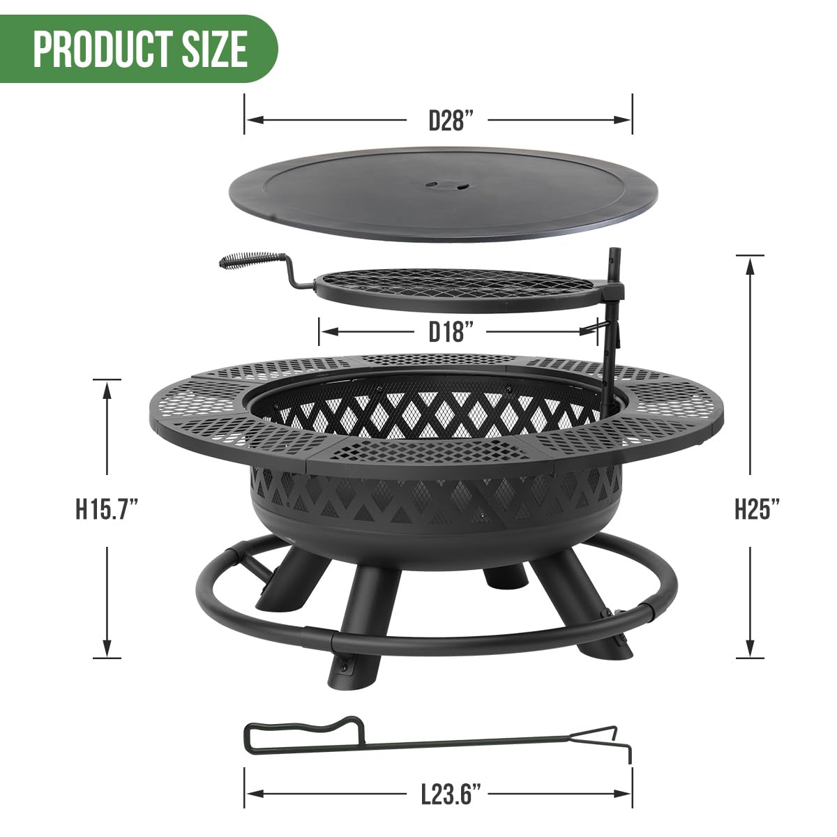 Panovue 42 Inch Outdoor Fire Pit with Grill, Large Firepit Table for Outside, Metal Round Firepits with Lid&Fire Poker,3 in 1 Wood Burning Fire Pits & Outdoor Fireplaces for Backyard,Patio(Black) Panovue