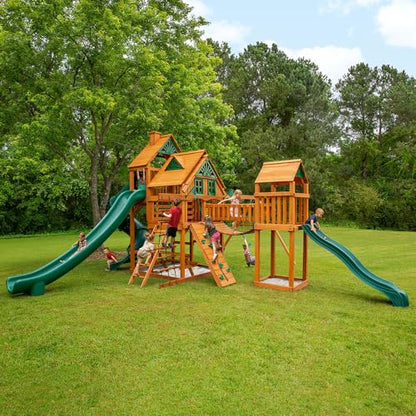 Gorilla Playsets 01-1034-AP Treasure Trove II Wood Swing Set with Wood Roof, 3 Slides, and Clatter Bridge, Amber