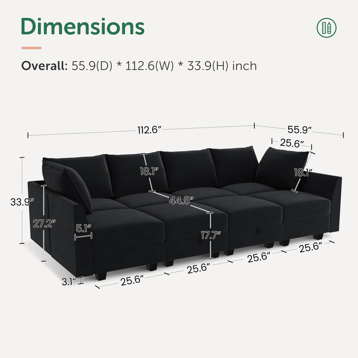 HONBAY Modular Sectional Sleeper Sofa Velvet Sectional Sleeper Couch with Storage Seats Oversized Sectional for Living Room,Black HONBAY