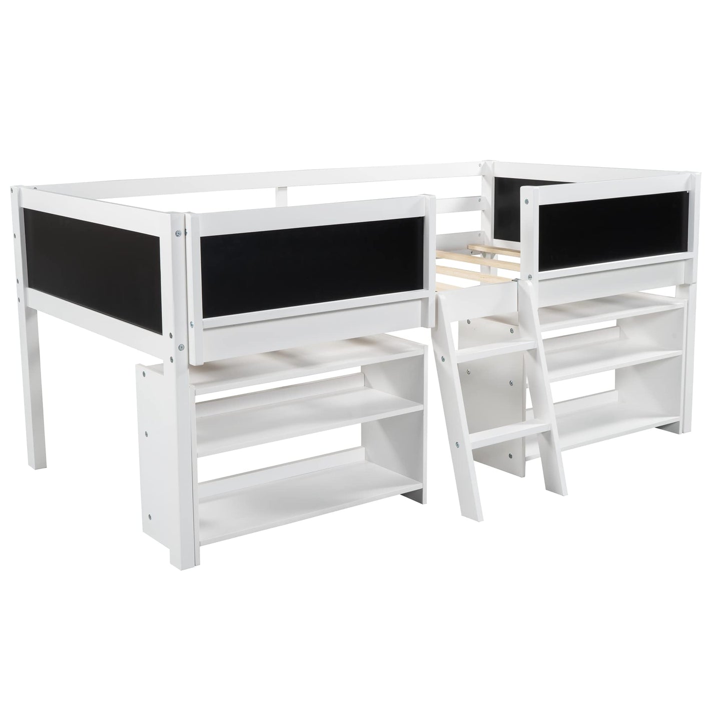 Harper & Bright Designs Kids Low Loft Bed with 2 Movable Storage Shelves, Twin Loft Bed Frame with Chalkboard and Ladder, Multifunctional Loft Bed for Kids Boys&Girls No Box Spring Needed (White)