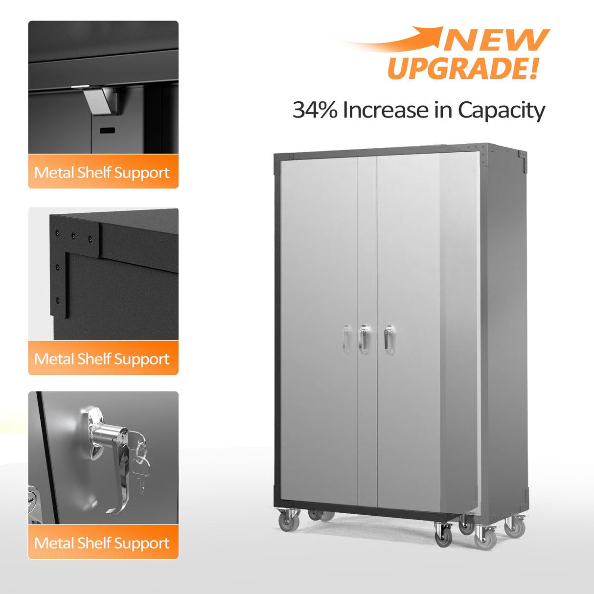 VINGLI Upgraded Wide & Deep Garage Storage Cabinet, Metal Storage Cabinet with Pegboards, Wheels, Locking Doors and Adjustable Shelves (Black & Silver, 43''W x 20''D x 72''H) VINGLI