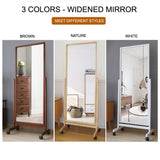 AISUNDY Swivel Adjustable Full Length Mirror on Wheels, Pine Wood Frame Cheval Bedroom Floor Mirror Dressing Mirror Body Mirror with Standing Holder (White, 65"x22") AISUNDY