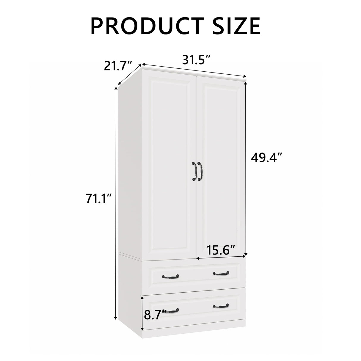 NewBeth 71" Wood Armoire Wardrobe Closet with 2 Doors and 2 Drawers, Clothes Storage Organizer Cabinets with Hanging Rod Freestanding Wardrobe for Bedroom, White (Style1) NewBeth