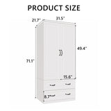 NewBeth 71" Wood Armoire Wardrobe Closet with 2 Doors and 2 Drawers, Clothes Storage Organizer Cabinets with Hanging Rod Freestanding Wardrobe for Bedroom, White (Style1) NewBeth