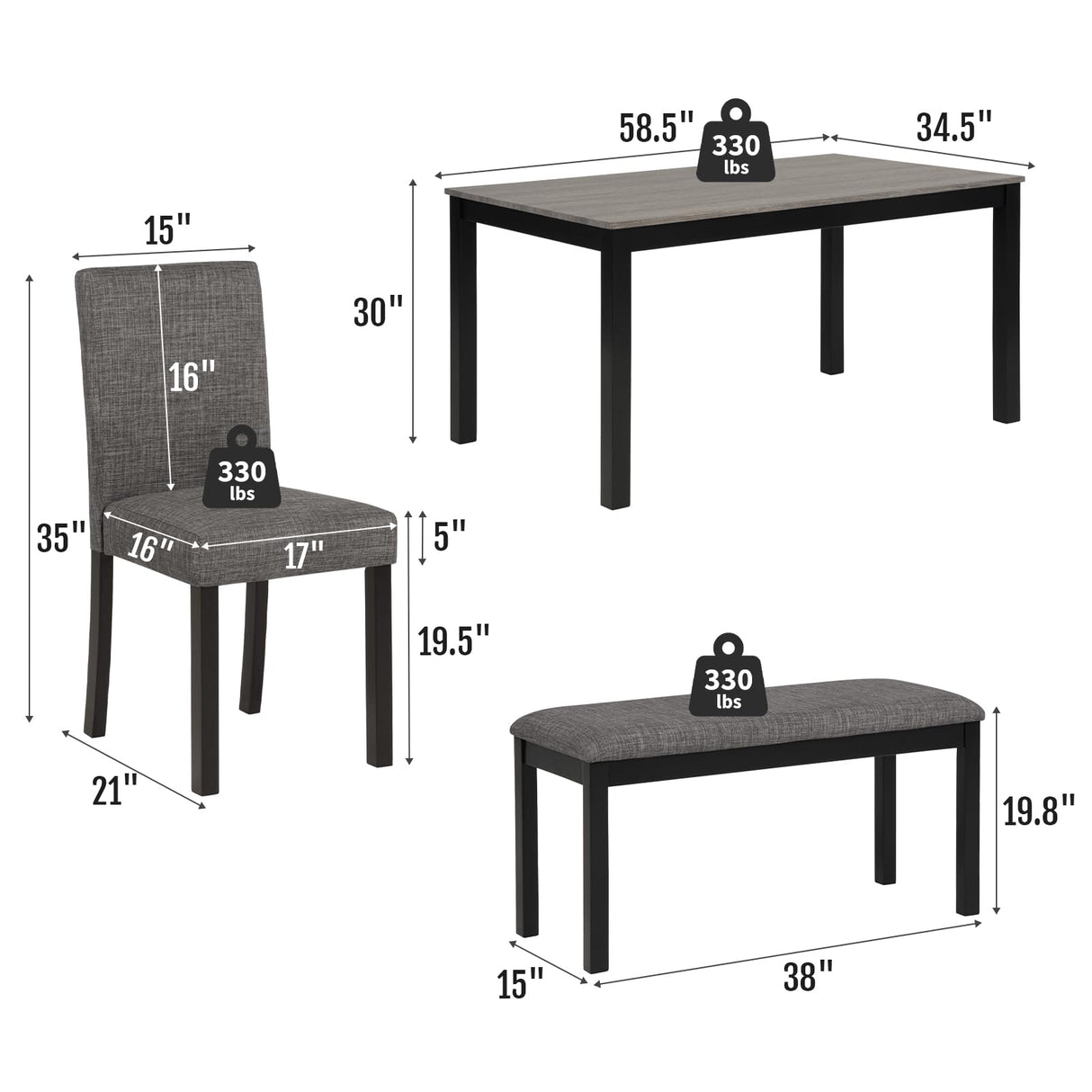Zevemomo 6-Piece Solid Wood Dining Table Set, Including 1 Dining Table, 4 Upholstered Chairs and 1 Bench, Wooden Legs Dining Table Set for Dining Room, Kitchen, Restaurant, Dark Grey Zevemomo