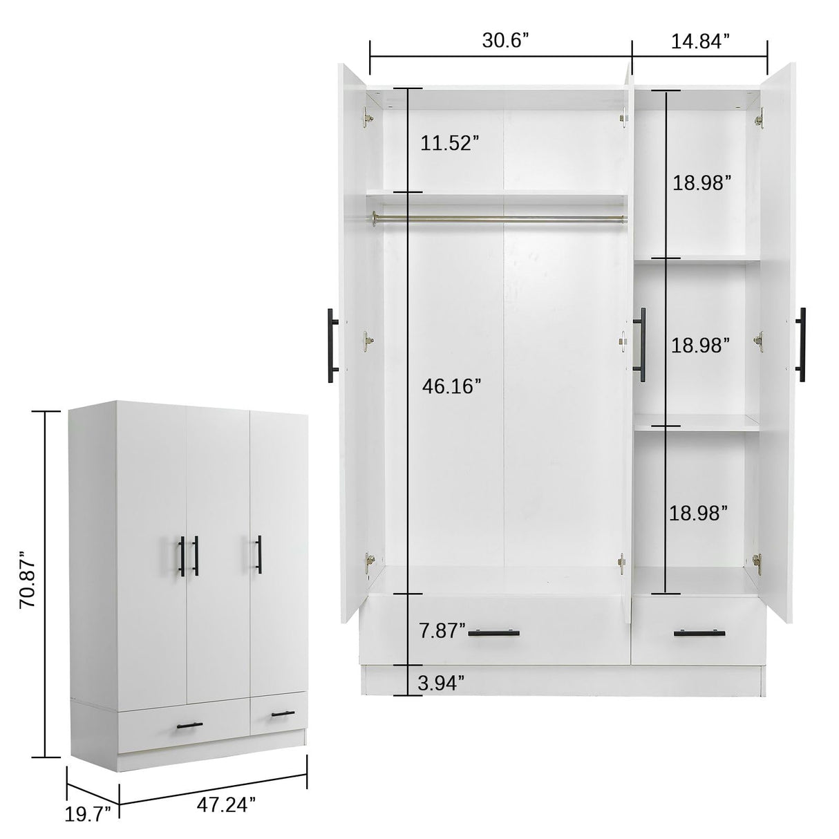 GraceGrove 3-Door Wooden Wardrobe Closet, Armoires and Wardrobes with 2 Drawers and Shelves Armoire Wardrobe Closet with Hanging Rod White 47.2''W x 18.9''D x 70.86''H GraceGrove