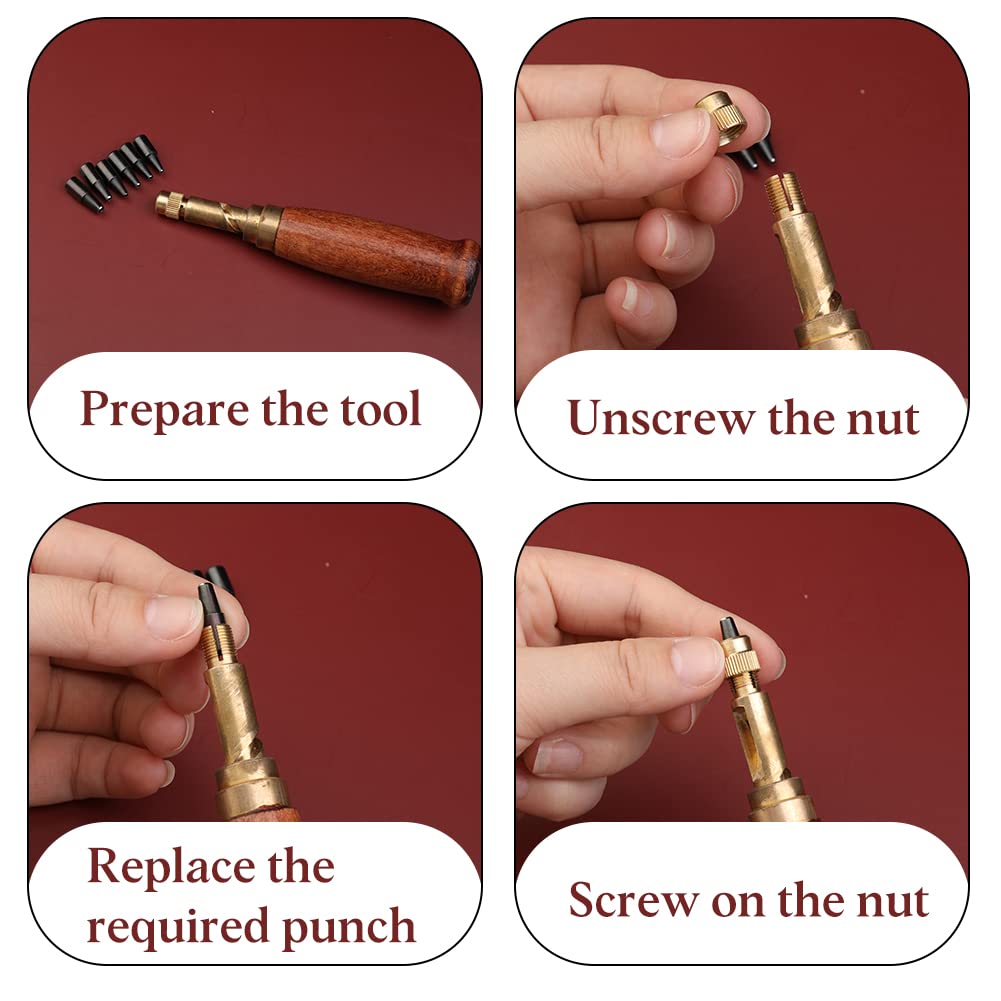 TLKKUE Adjustable Leather Hole Punching Tool Automatic Puncher with Wooden Handle Hollow Hole Punch with 6 Tips Size (1.5mm/2mm/2.5mm/3mm/3.5mm/4mm) for Leather Belt, Bag, Wristband TLKKUE