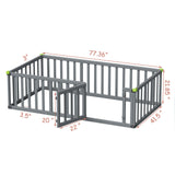 ROOMTEC Twin Size Montessori Floor Bed - Solid Wood Toddler Bed Frame with Convertible Door and Safety Fence in Grey ROOMTEC