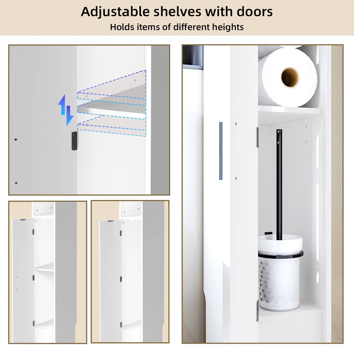 MOHOPE Narrow Bathroom Storage Cabinet - Tall Bathroom Cabinet with 2 Doors and Adjustable Shelves, Open Compartments, Slim Freestanding Cabinet for Small Space and Toilet, White ﻿