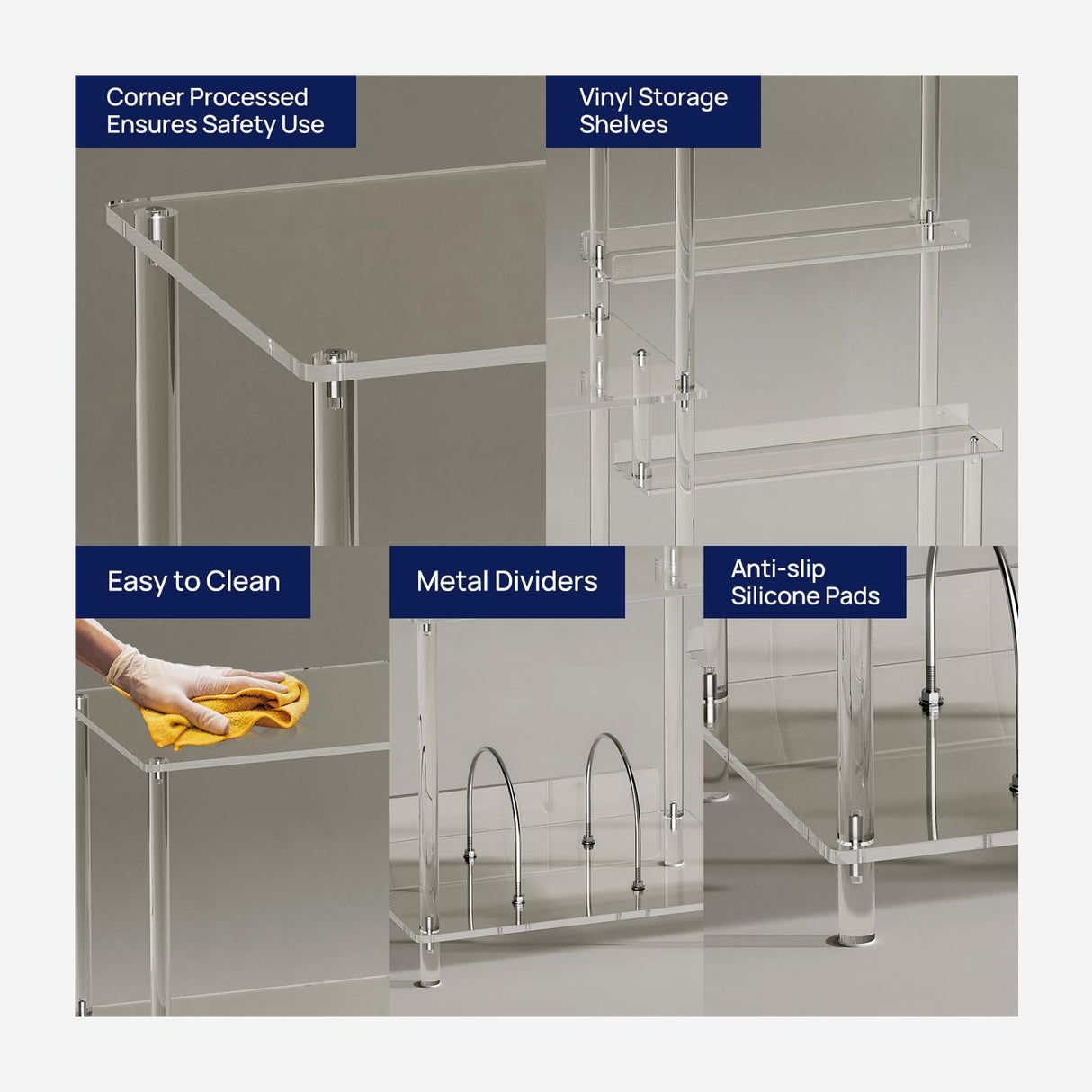 HMYHUM Acrylic Record Player Stand with Vinyl Storage, 3-Tier Record Player Table with Record Holder, Holds Up to 200 Albums, with Dividers, Modern, Clear HMYHUM