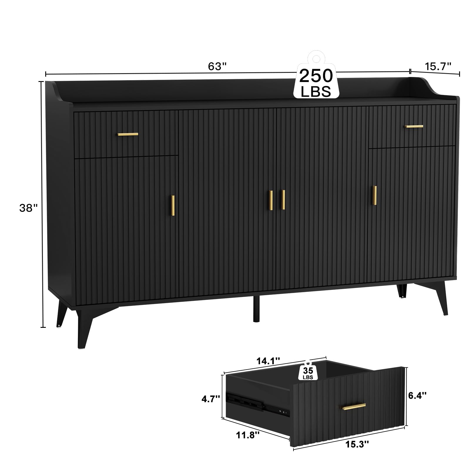 Wakefit Sideboard Buffet Cabinet with Storage, Fluted Doors & Drawer, Wood Farmhouse Credenza Coffee Bar Cabinet with Baffle Tabletop and Handles for Kitchen, Living Dining Room, Black - WoodArtSupply