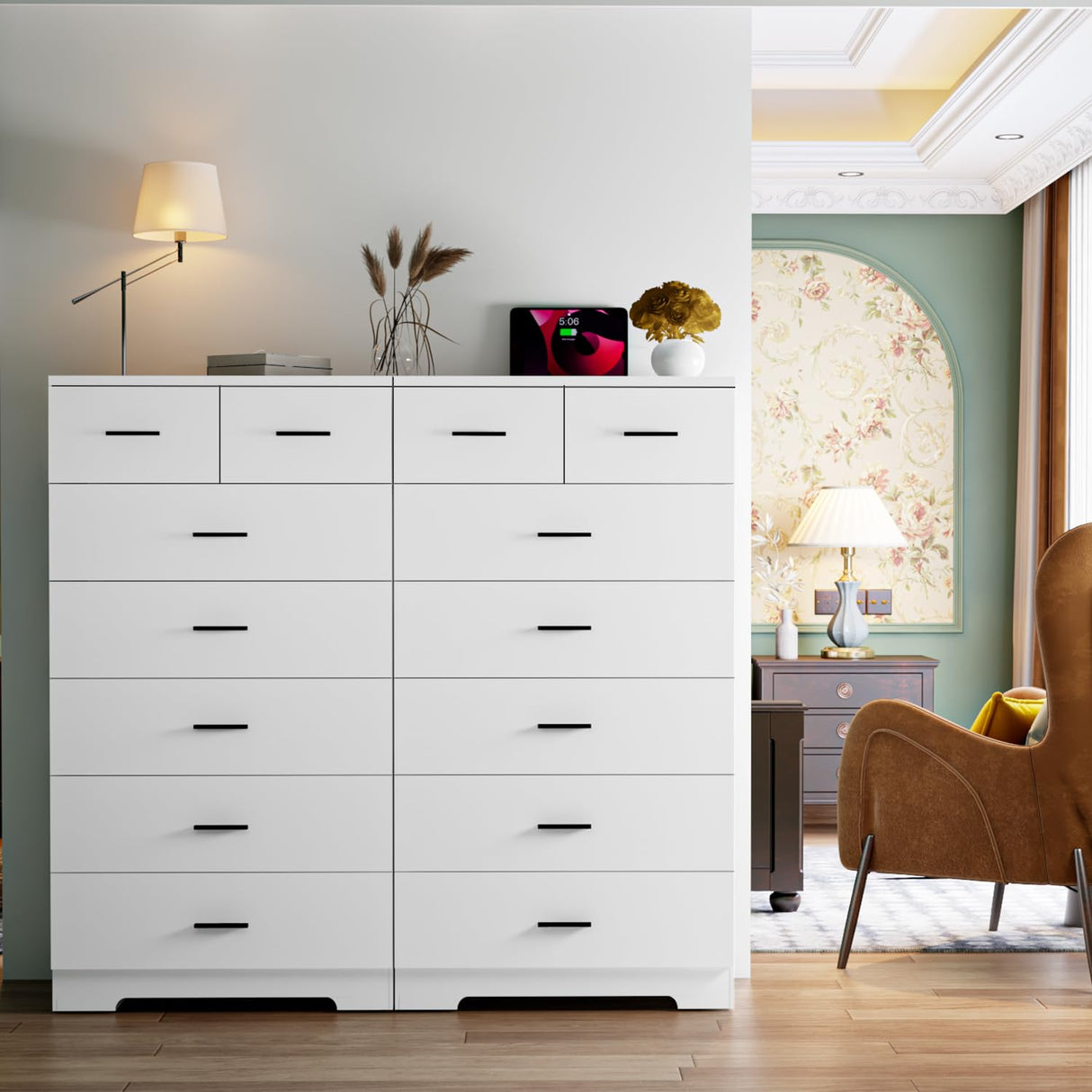 FJTJBSI 47.3" Tall Dresser for Bedroom Chests of Drawers with Charging Station 7 Drawer Dressers with Metal Slide Rail Modern Wood Closet Organizer with Large Storage for Home Office Entryway FJTJBSI