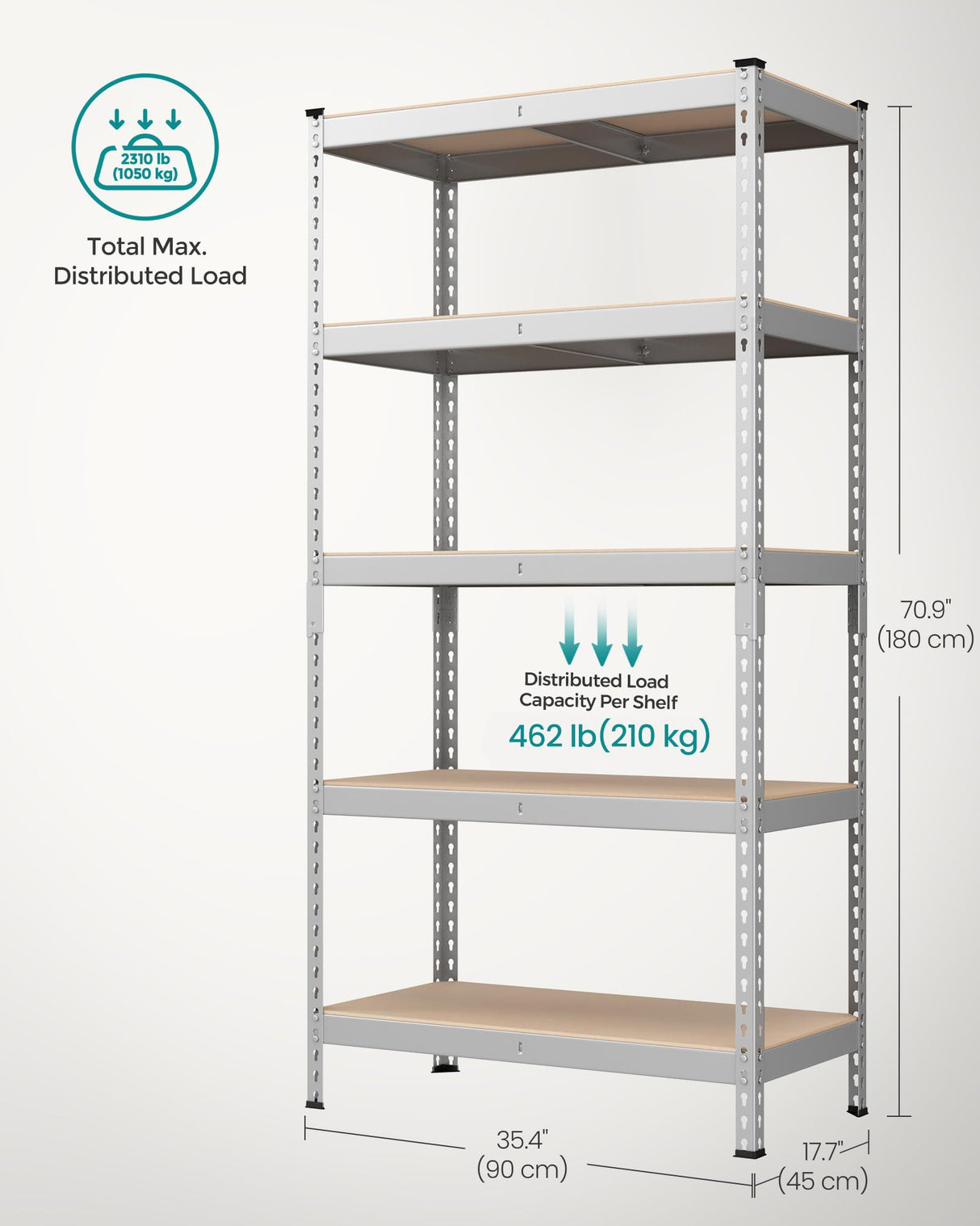 SONGMICS 5-Tier Storage Shelves, Load 2310 lb, Garage Storage, Boltless Assembly, Adjustable Shelving Unit, 17.7 x 35.4 x 70.9 Inches, for Study Shed Basement, Silver and Natural Beige UGLR450E01 SONGMICS