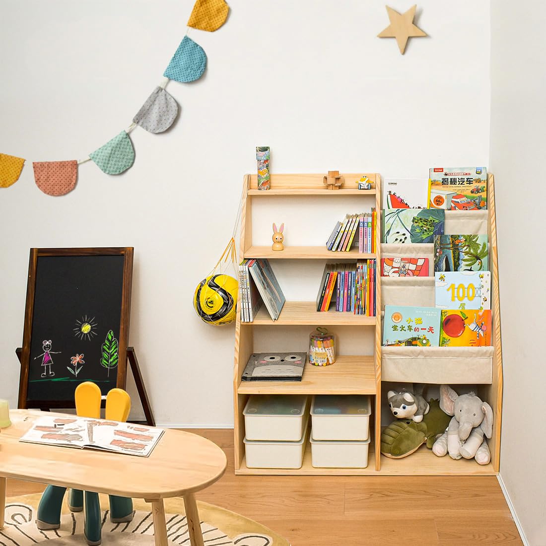 MORIMOE Solid Wood Kids’ Bookshelf & Toy Organizer – Eco-Friendly Multi-Purpose Storage Solution for Playrooms and Classrooms MORIMOE