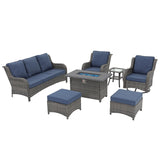 SUNSITT Outdoor Furniture Set with Fire Pit Table Wicker Patio Conversation Set 7-Piece Patio Sectional Furniture Set with Gas Firepit with Swivel Patio Chair Grey Wicker & Denim Blue Cushion SUNSITT