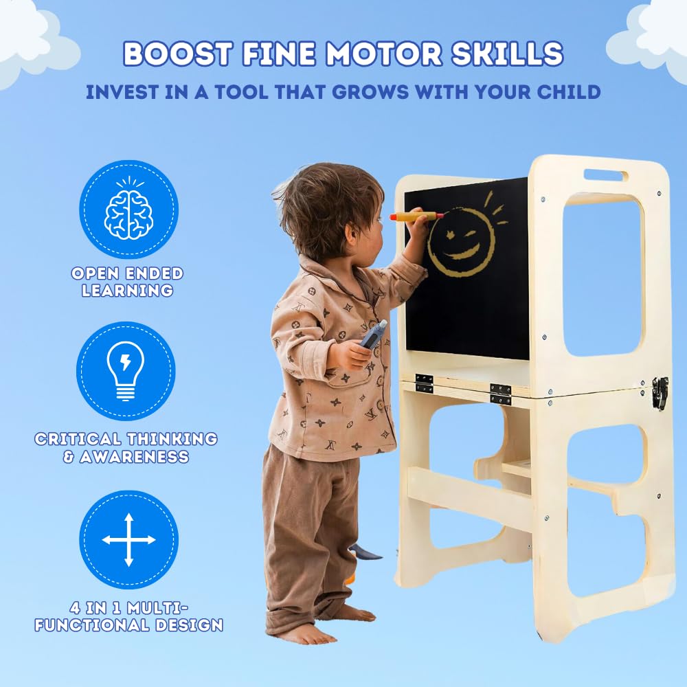 Montessori Mission 4-in-1 Foldable Learning Kitchen Tower, Stool with Chalkboard, Desk, Table & Chair, Montessori Kitchen Stool, Learning & Kitchen Tower for 1-6 Years Old Montessori Mission