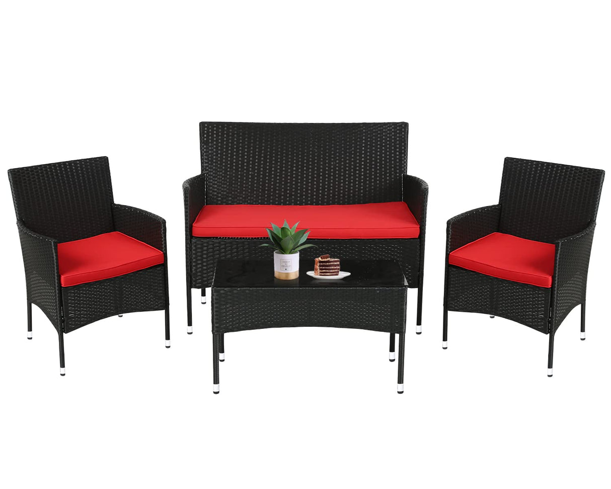 FDW Rattan Furniture Wicker Chair Patio Bristo Set for Outdoor Indoor Use with Loveseats Coffee Table,Red Cushion, 4-Pieces FDW