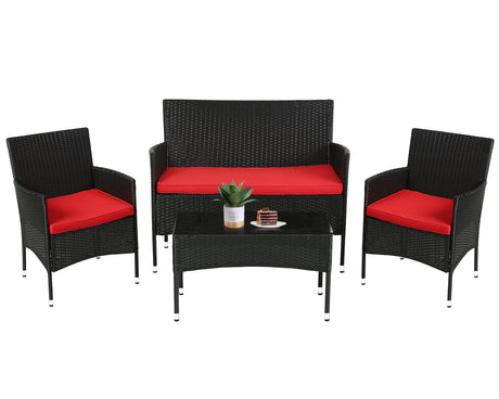 FDW Rattan Furniture Wicker Chair Patio Bristo Set for Outdoor Indoor Use with Loveseats Coffee Table,Red Cushion, 4-Pieces FDW