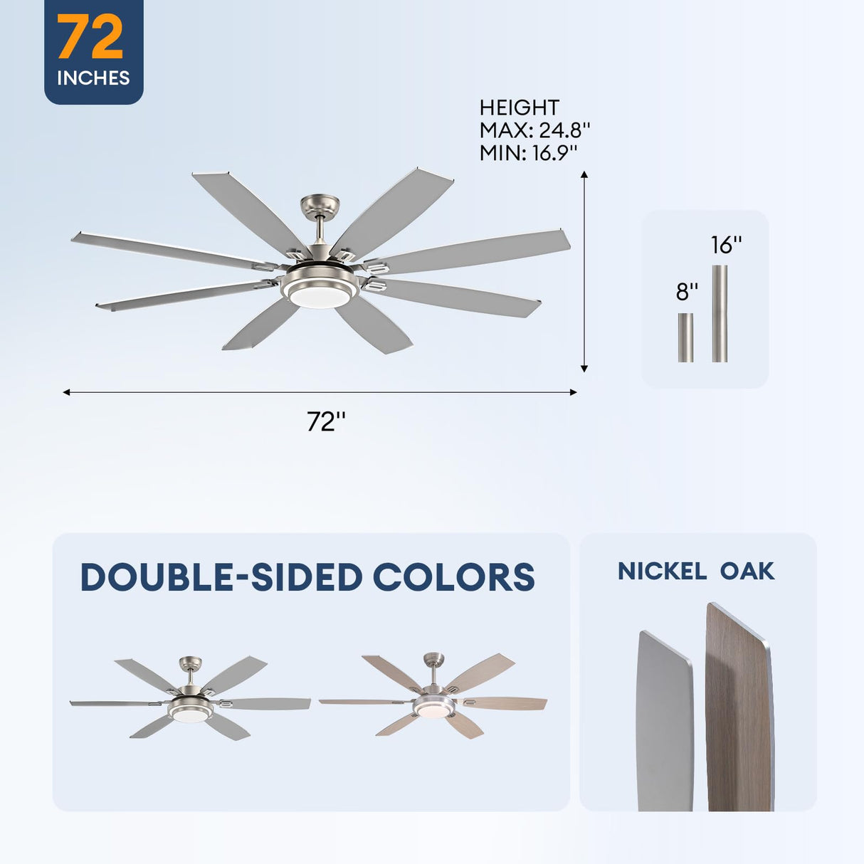 SNZ 72 Inch Large Ceiling Fans with Lights and Remote, Nickel Ceiling Fan with Quiet Reversible DC Motor, 3 CCT Dimmable LED, Modern 8 Blades Fan for Living Room, Patio, Indoor and Outdoor SNZ