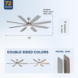 SNZ 72 Inch Large Ceiling Fans with Lights and Remote, Nickel Ceiling Fan with Quiet Reversible DC Motor, 3 CCT Dimmable LED, Modern 8 Blades Fan for Living Room, Patio, Indoor and Outdoor SNZ