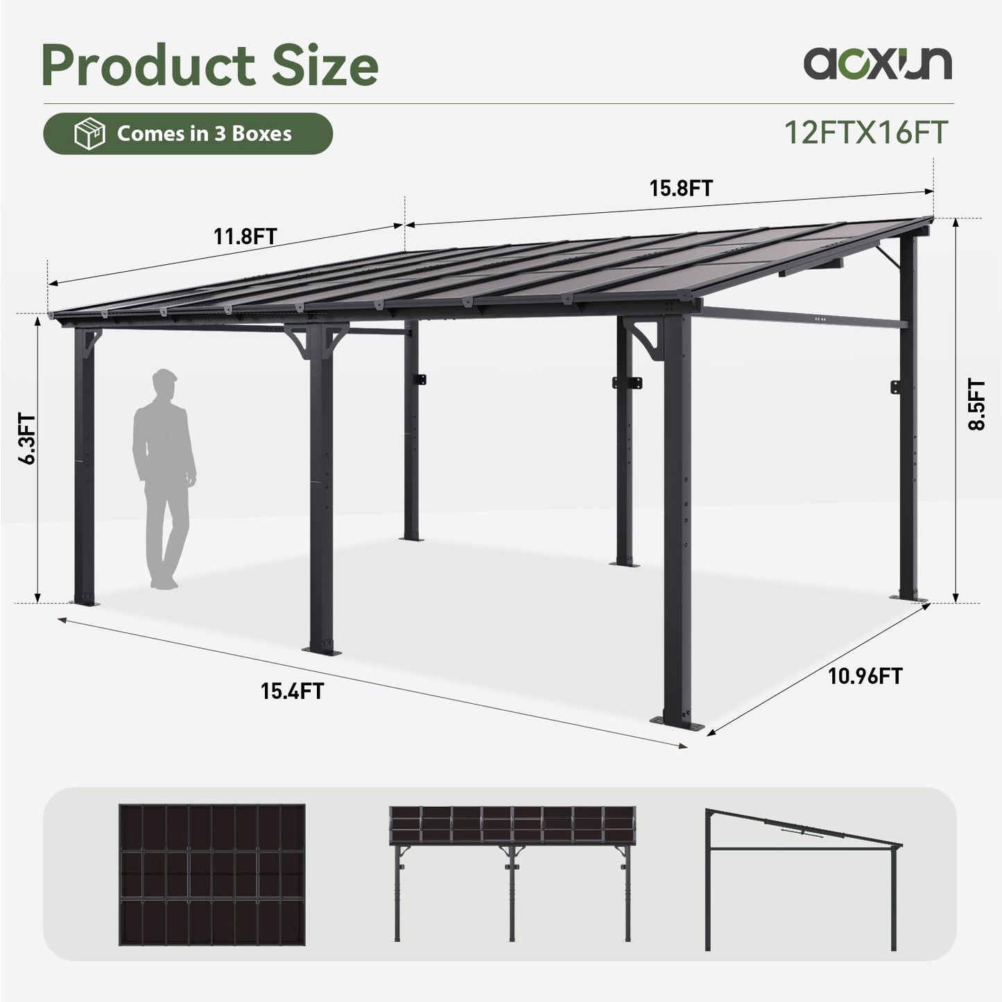 Aoxun 12' x 16' Gazebo for Patio, Wall-Mounted Lean to Gazebo Pergola with Roof, Hard Top Heavy Duty Awnings for Backyard, Decks and More - WoodArtSupply