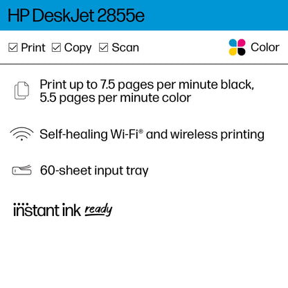 HP DeskJet 2855e Wireless All-in-One Color Inkjet Printer, Scanner, Copier, Best-for-home, 3 months of Instant Ink included (588S5A)