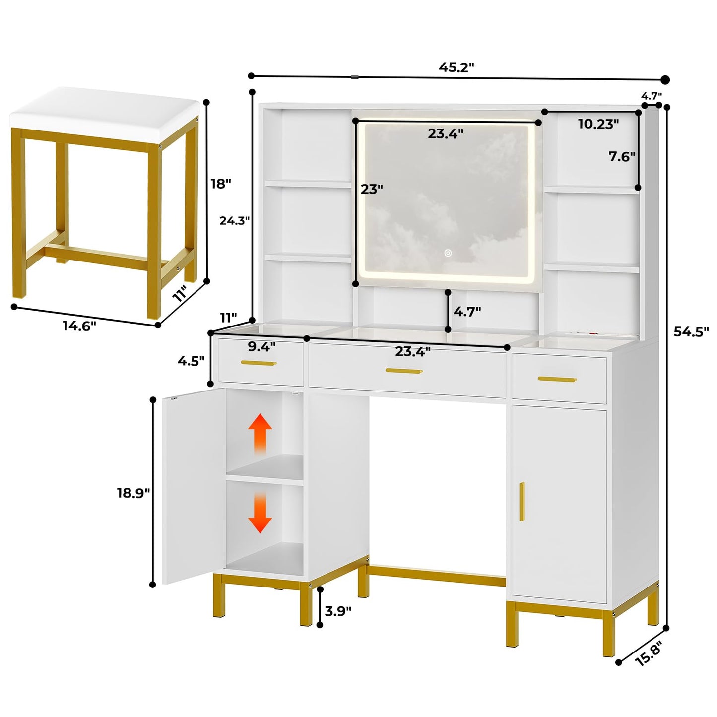 Vanity Desk with Openable Mirror and Lights, Glass Tabletop Makeup Vanity Set with Charging Station, White Vanity Table with 3 Drawers & 2 Cabinets, DIY Drawer Dividers, Hidden Hooks - WoodArtSupply